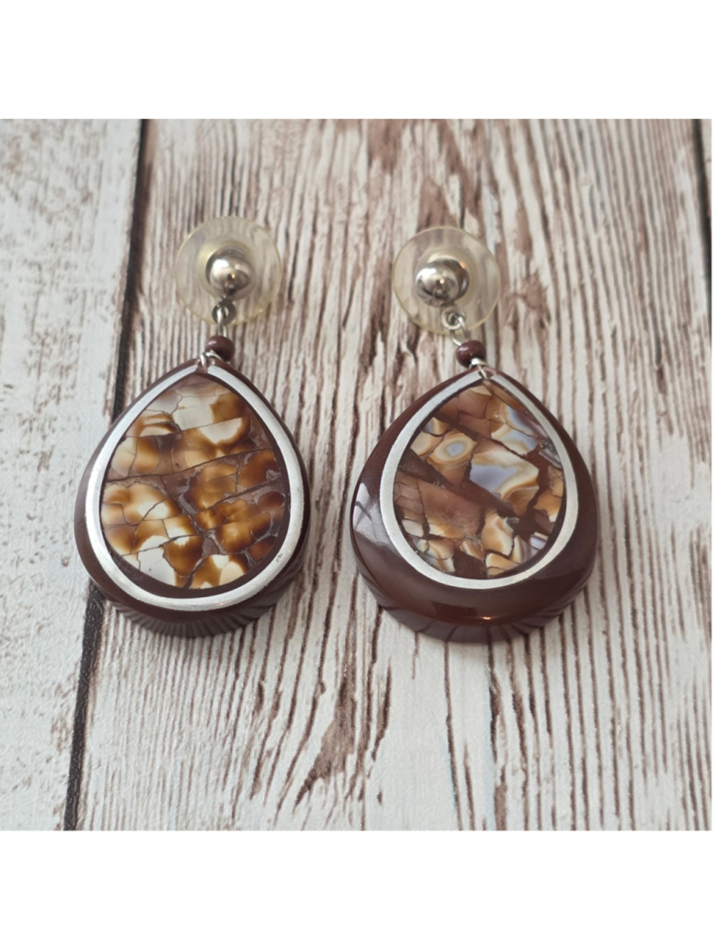 Women's Teardrop Earrings Brown and Silver